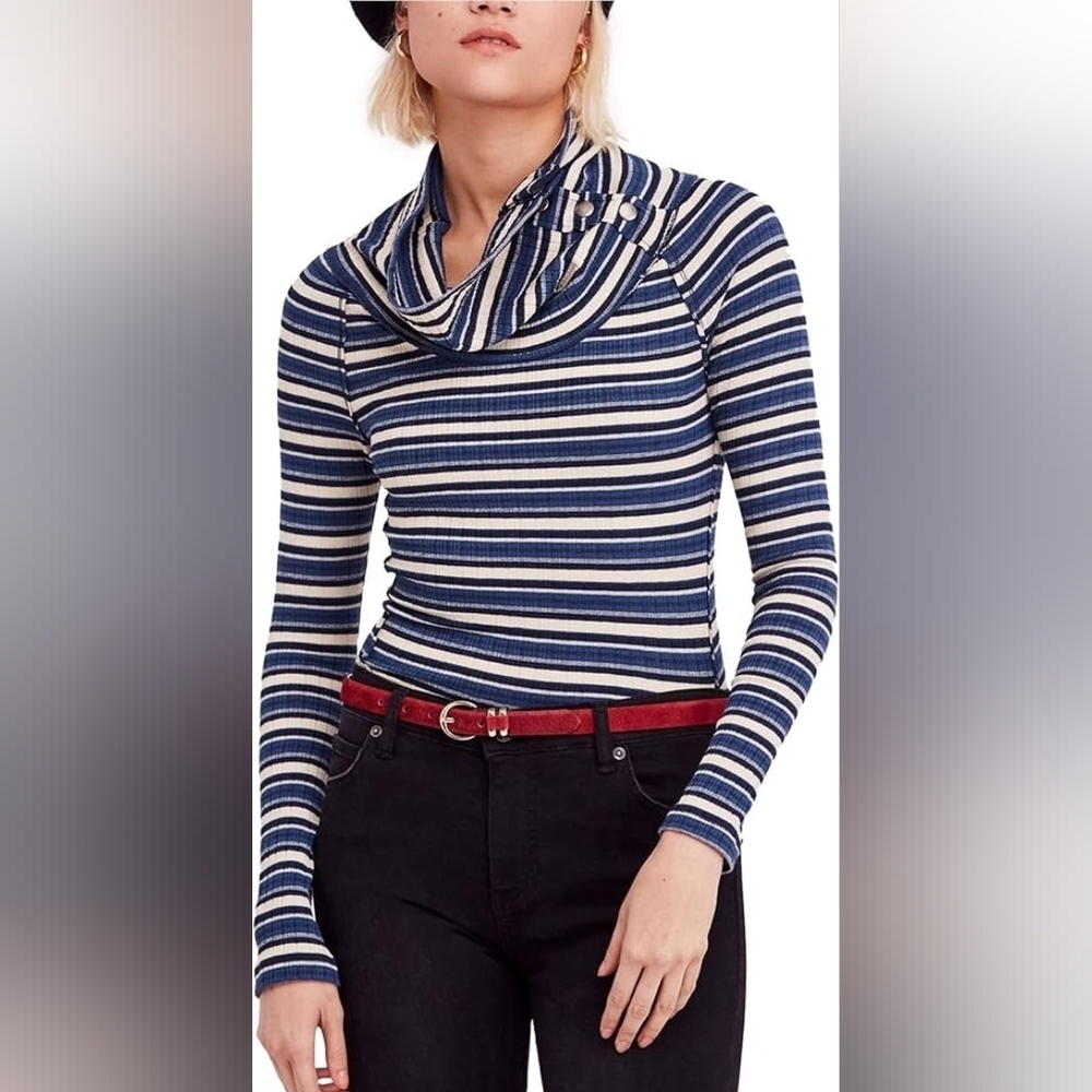Free people Cape Cod Cowl neck striped blue cream thermal top sz large WT305 - Picture 1 of 10
